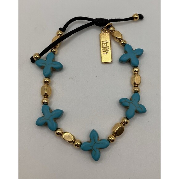 Gold Tone Blue Cross My Saint My Hero Grounded In Faith Adjustable Bracelet - Picture 1 of 3